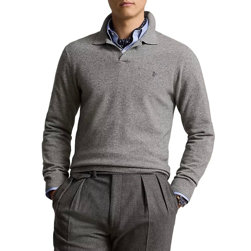 Polo Ralph Lauren Men's Open Collar Polo Sweater Fine Wool Knit Pullover Grey XL - Picture 1 of 6